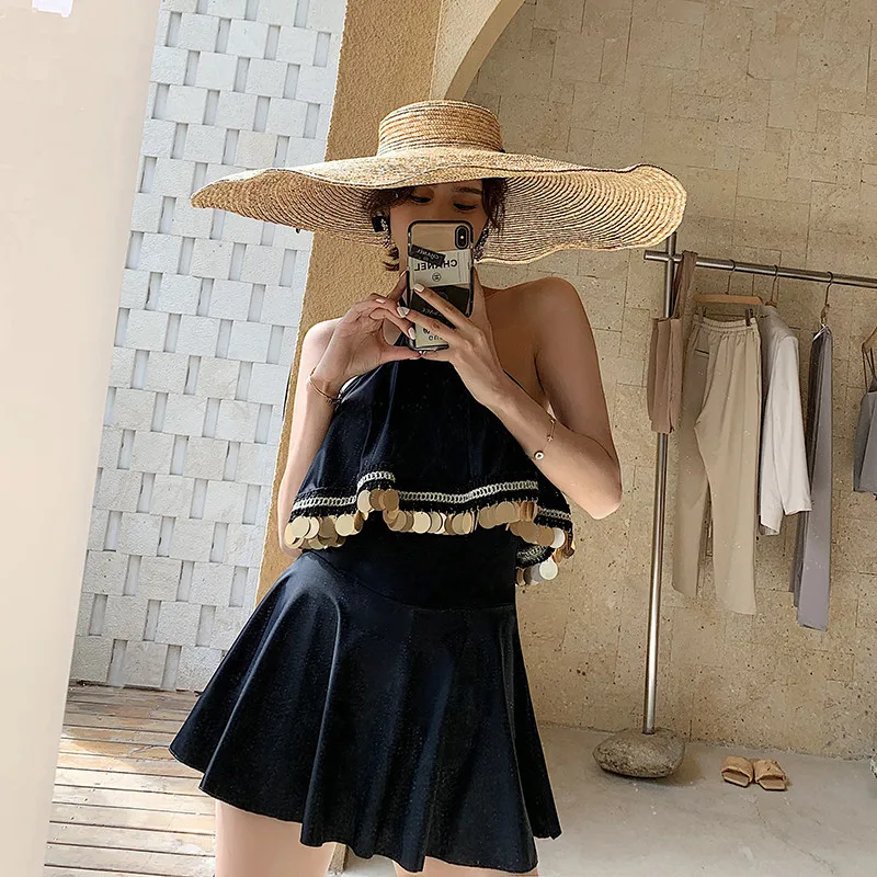 

One Piece Swimsuit Women Summer Suit For Ladies Korea New 2022 Female Korean Ins Skirt Sexy Backless Solid Polyester Push Up