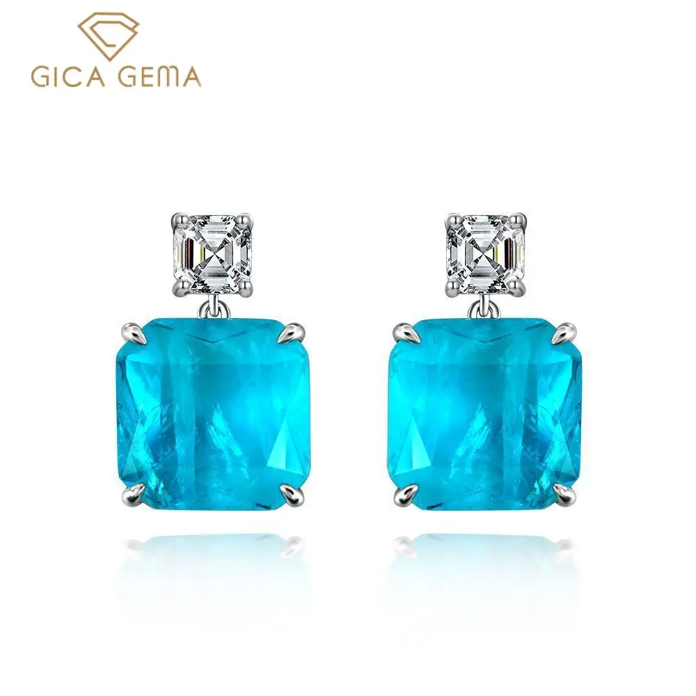 

GICA GEMA Solid 925 Sterling Silver Fashion Paraiba Tourmaline Gemstone Drop Earrings Sparkling High Carbon Diamond Fine Jewelry