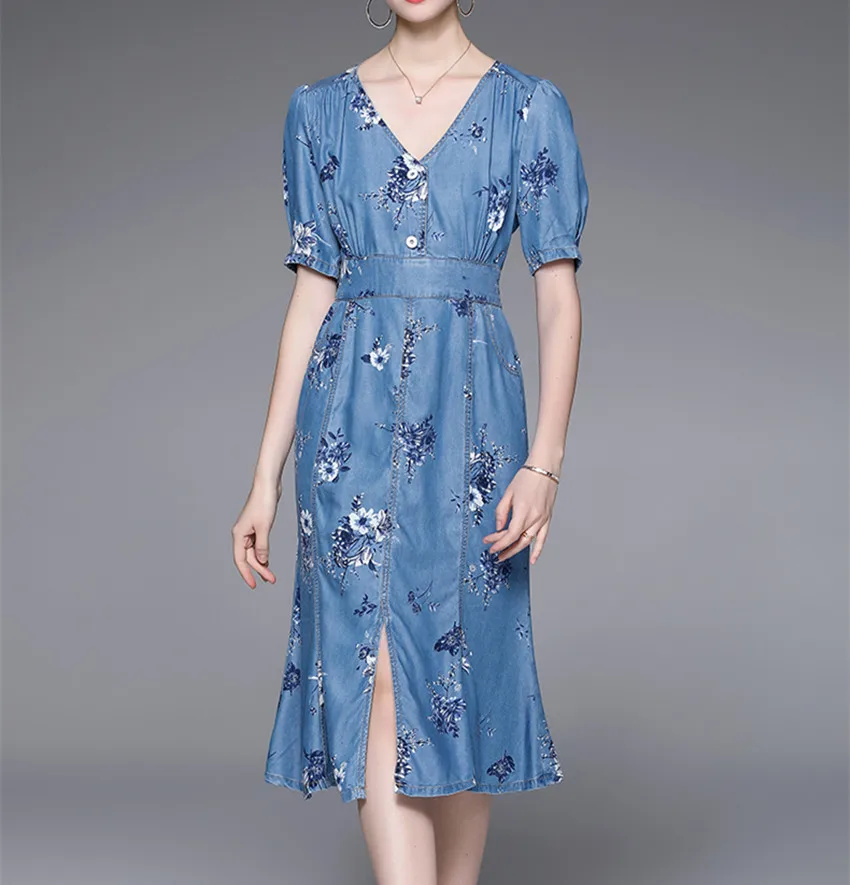 

2022 Fashion Summer Soft Denim Mermaid Dress Elegant Women V Neck Short Sleeve Flower Print Blue Female Bodycon Split Midi Dress