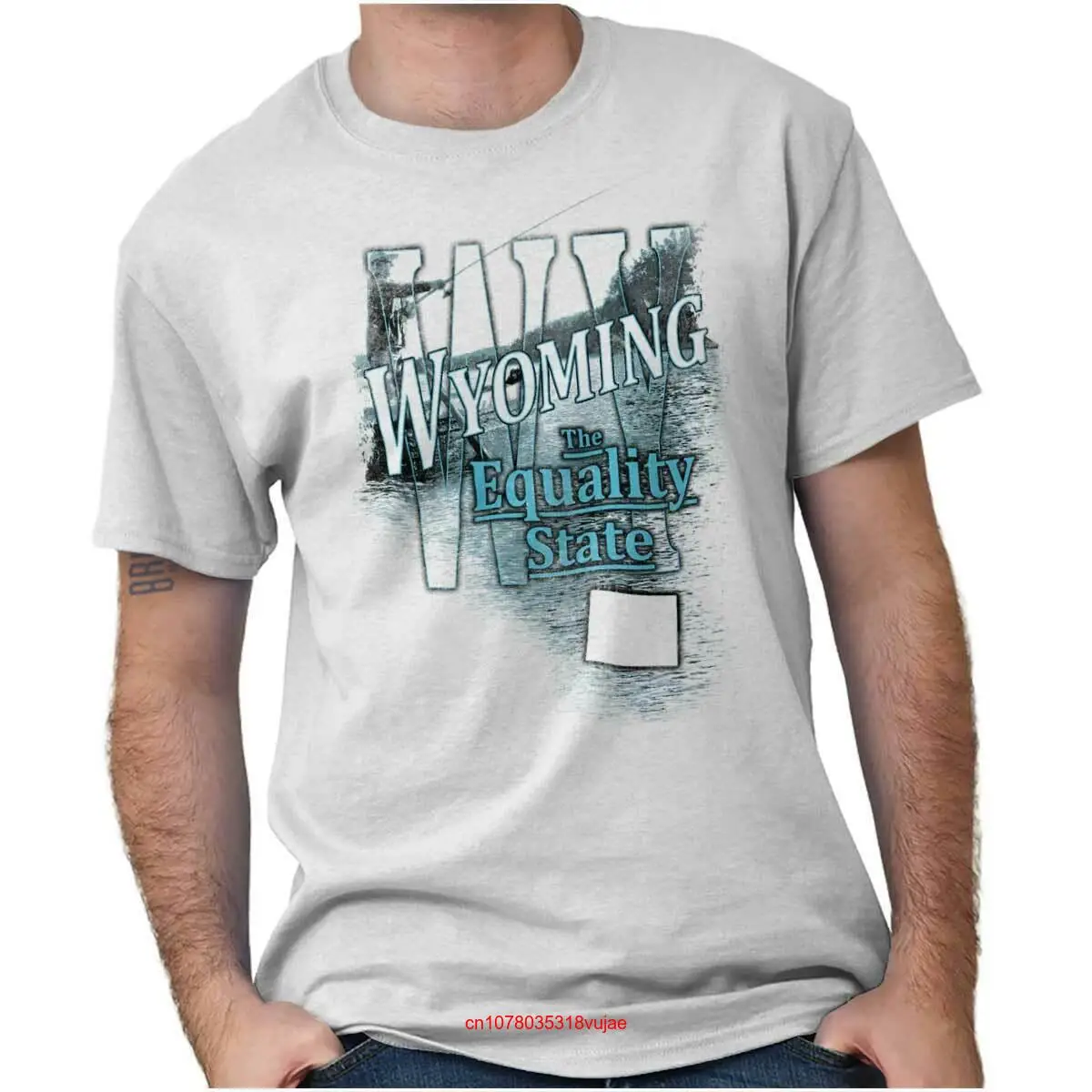 Wyoming Рыбалка озеро сувенир путешествия WY круглый вырез Футболка длинные или