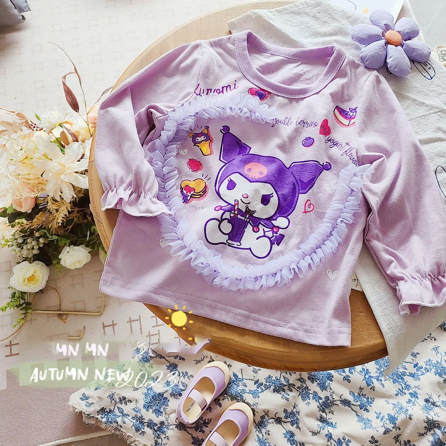 

2023 Kawaii Sanrio детская нижняя рубашка Hellokitty Kuromi мультфильм аниме длинный рукав круглый вырез Футболка Весна Осень Топы подарок для девочки