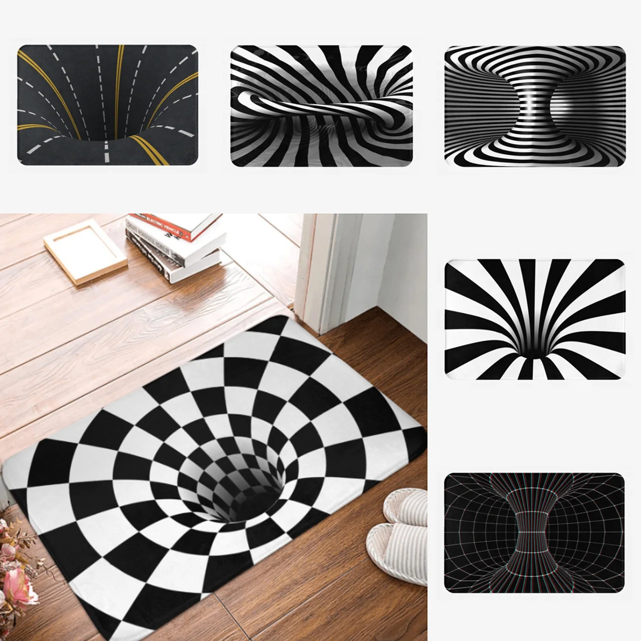 

3D Optical Illusion Black Hole Checkerboard Doormat Anti-skid Super Absorbent Bath Mats Home Entrance Rug Kitchen Carpet Footpad