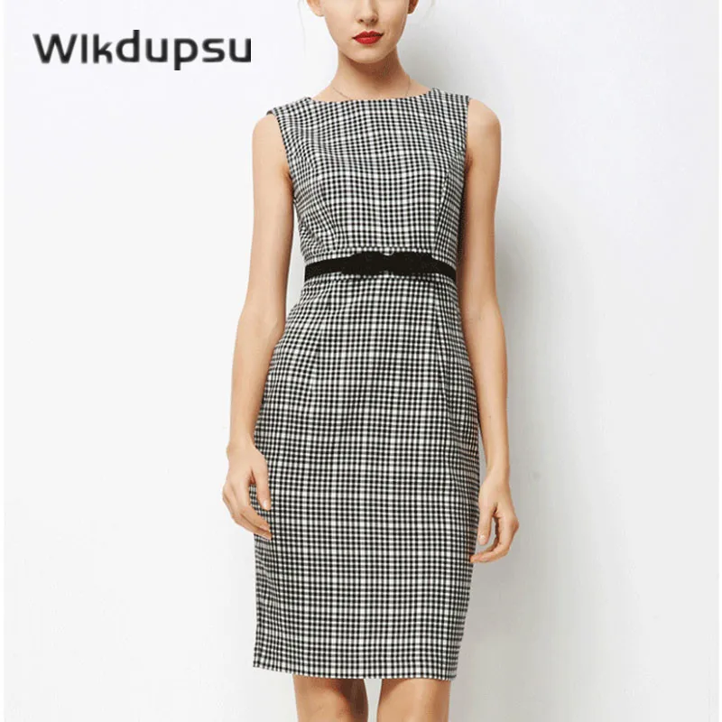 

Vintage Elegant Plaid Wear to Work Vestidos Business Formal Wear Professional Clothes For Women Summer Pencil Dresses Female