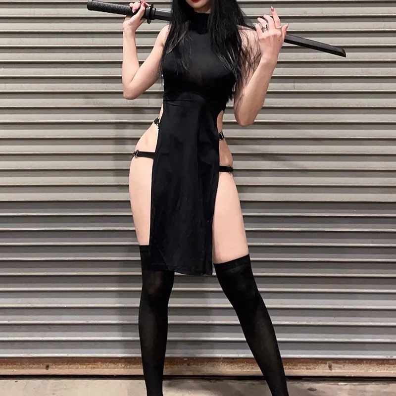 Cosplay High Split Side Sexy Sleeveless Dresses Gothic High Waist Y2k Slim Women Dress Harajuku Summer Night Clubwear