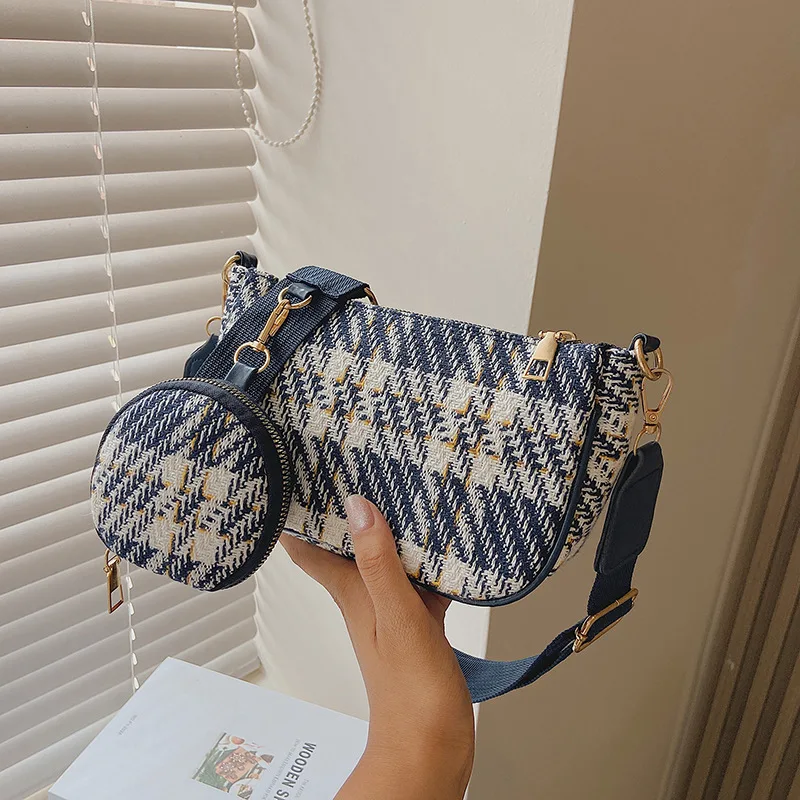 

NEW Women Canvas Shoulder Bag 2pcs Fashion Lattice Design Handbag for Women Messenger bags Round Purse Crossbody Bag bolso mujer