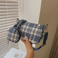 new women canvas shoulder bag 2pcs fashion lattice design handbag for women messenger bags round purse crossbody bag bolso mujer