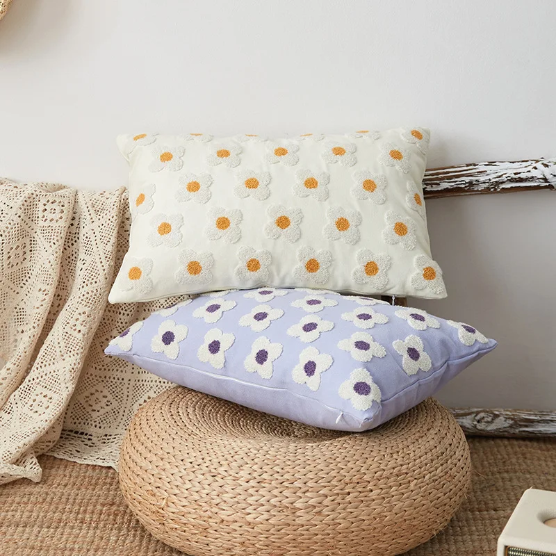 

Cotton Canvas Embroidery Flora Cushion Cover Home Decor Yellow Flowers Pillow Cover 30x50cm PillowCase Yellow Zigzag Pillow Sham