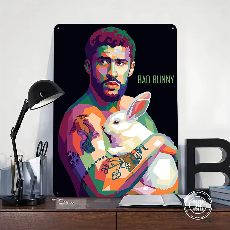Фото Металлический постер Bad Bunny с кроликом в стиле поп-арт, индивидуальный настенный декор, ретро-винтажные металлические таблички для мужской комнаты, украшения для стен, декор для интерьера №2