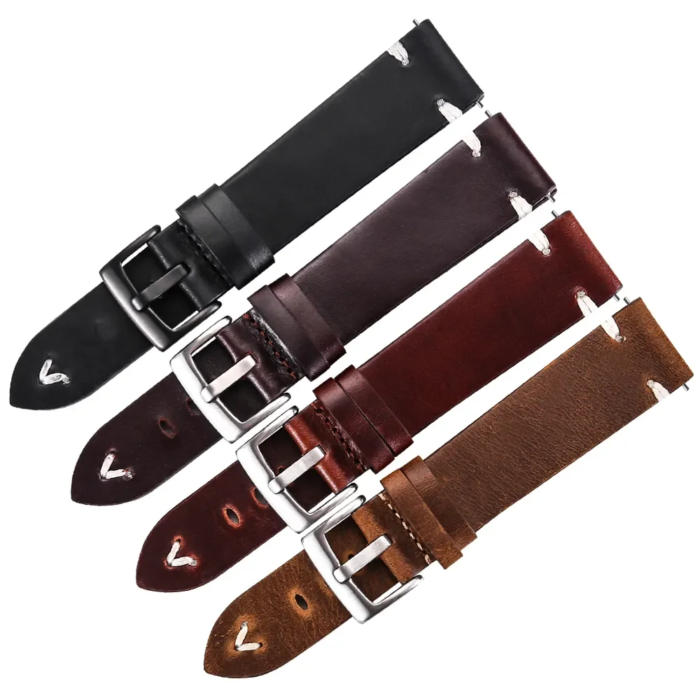Watchband Strap 18mm 20mm 22mm Quick Release Watch Strap Belt Cowhide Handmade Black Dark Brown Vintage Oil Wax Leather