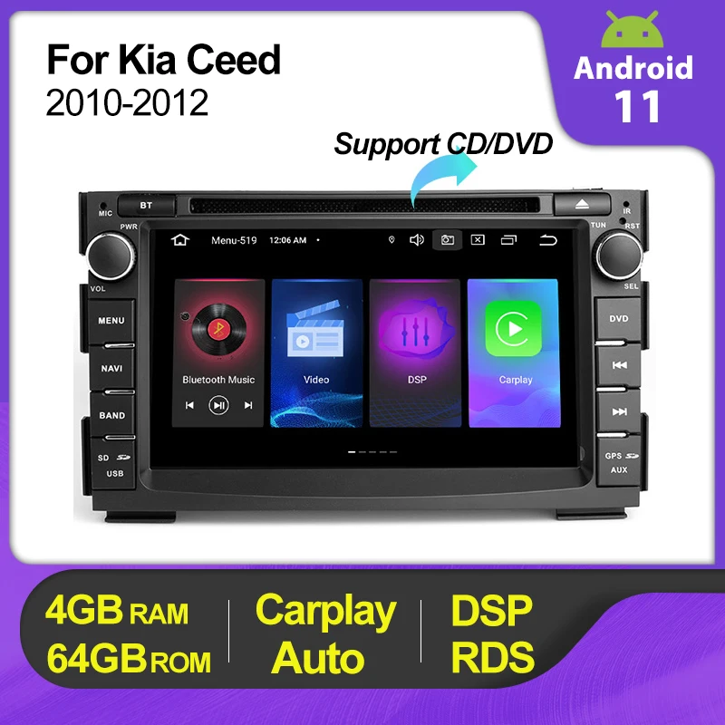 Автомобильный мультимедийный DVD-плеер 2 Din Android 11 4 + 64 ГБ для Kia Ceed 2010 2011 2012