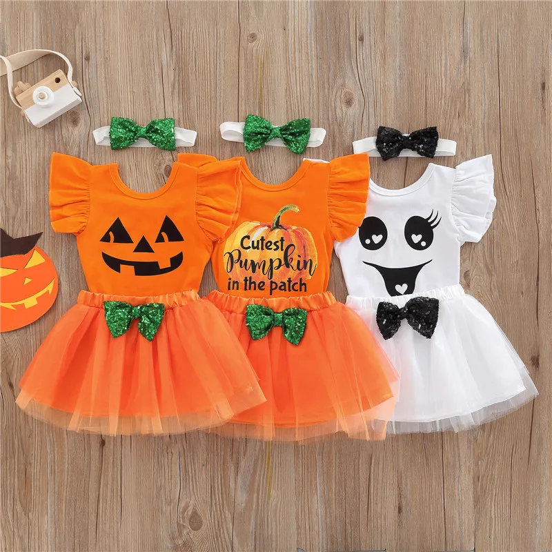 

Newborn Girl Suit Halloween Costumes 0-24 Month Fly Sleeve Ruffle Printed Romper Tops+Sequin Bowknot Short Skirt+Headband Set