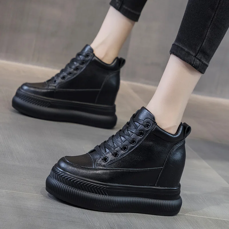 9cm Genuine Leather Platform Wedge Sneakers Hidden Heel Super High Motorcycle Ankle Boots Autumn Plush Women Shoes