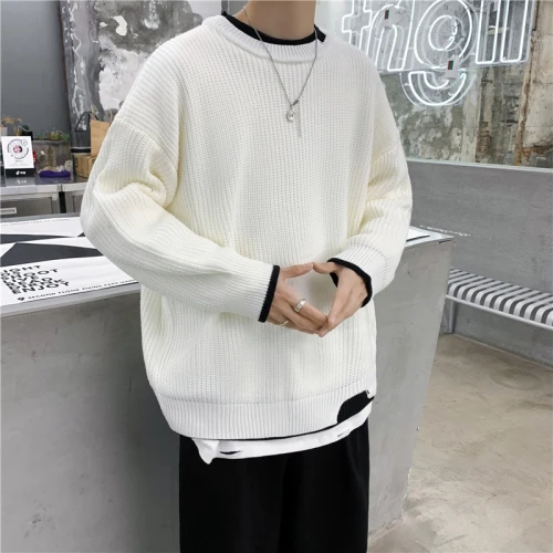 Knitted Sweater Male Men Spliced Cozy Pullover Loose Oversize Fake 2-Piece Winter Warm Casual Fashion Streetwear Clothes Student