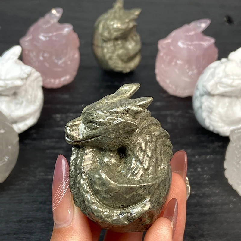 

1PC Dragon Egg Statue Crafts Healing Rose Quartz Pyrite Crystal Carved Animal Figurine Mineral Home Decoration Specimen Gifts