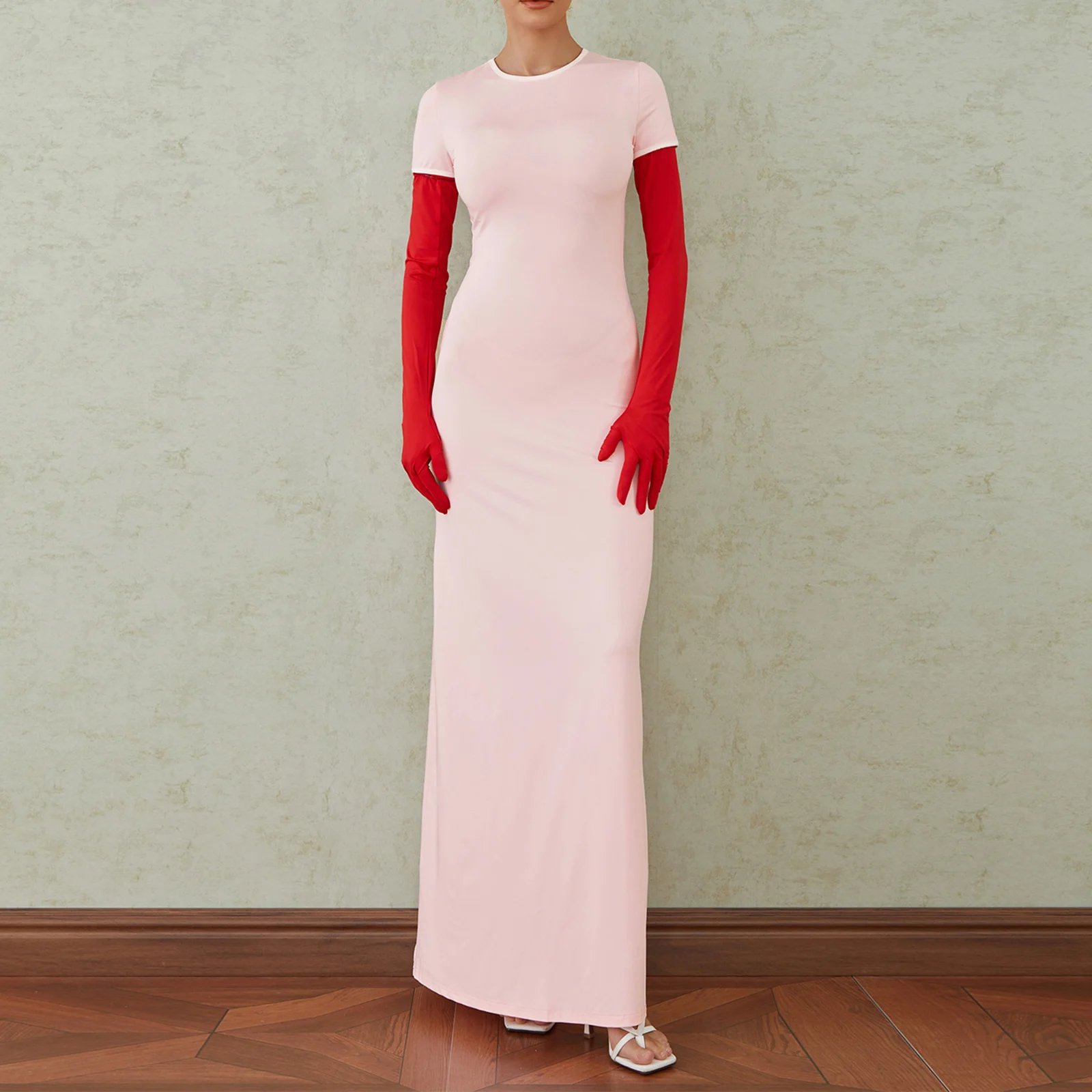 

Женское длинное облегающее платье, розовое платье контрастных цветов с коротким рукавом и круглым вырезом