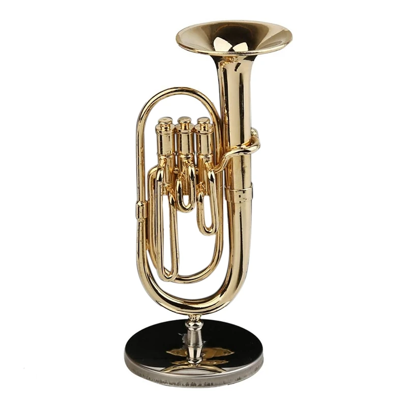 

Copper Miniature Baritone Horn With Stand Mini Musical Instrument Miniature Dollhouse Model Mini Home Decoration