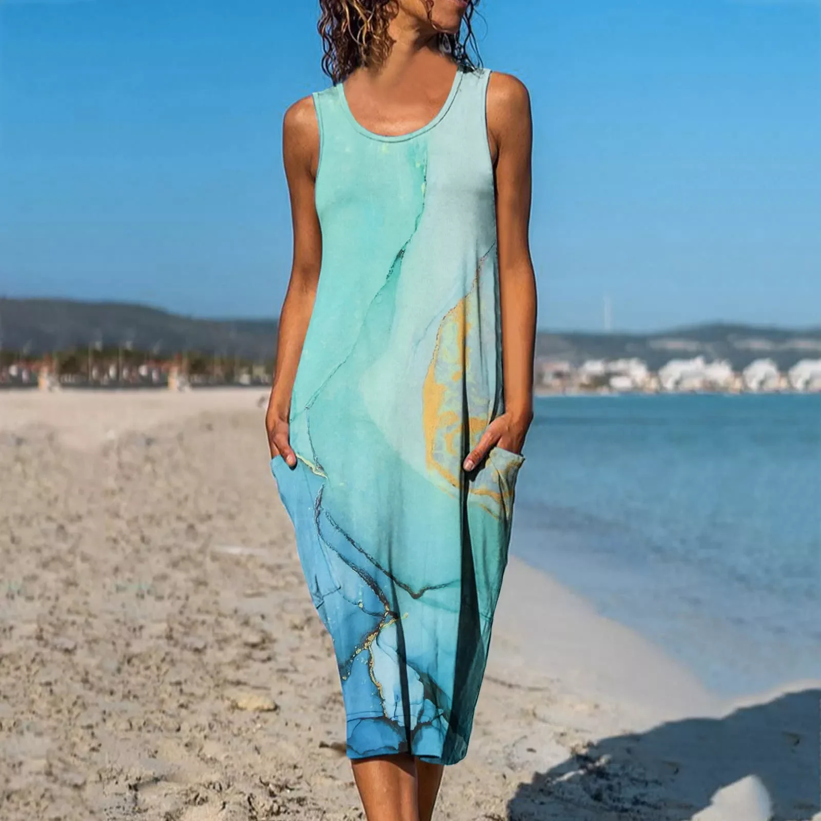 

NEW 2023 Womens Stretch Dresses Women Summer Round Neck Sleeveless Printed Swing Dress Sundress With Dress for Women New Year