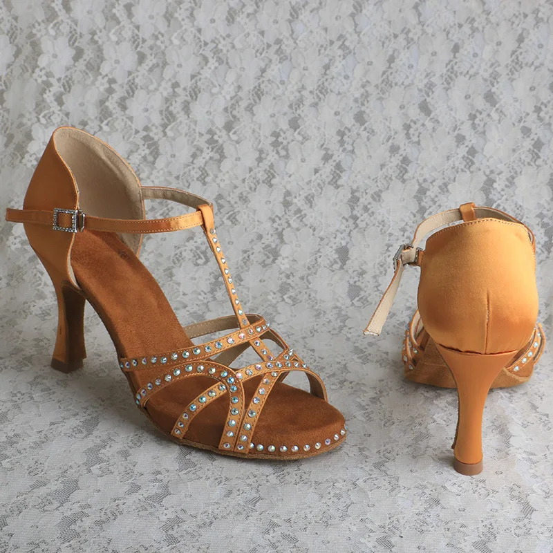 Wedopus Brozne Dance Sandals Woman with Rhinestones Covered Platform Dancing Shoes 8.5CM