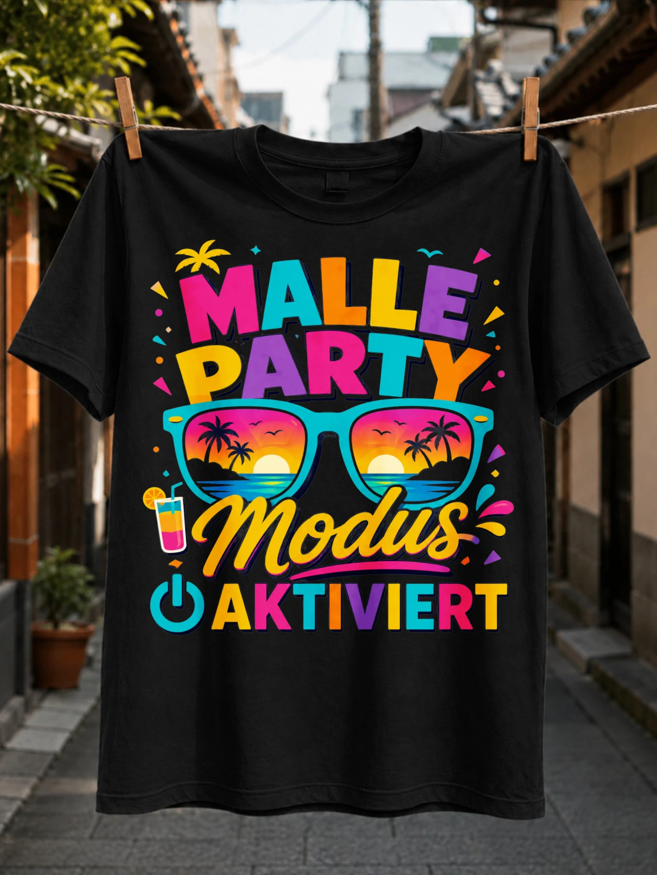 Фото Футболка унисекс Malle Party Modus Aktiviert Graphic Colorful Tropical с изображением пальм на закате и коктейля, немецкий дизайн №1