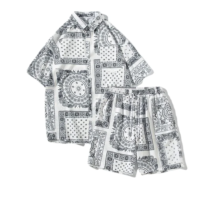 Men Beach Clothes  2Piece Set Vintage Print Button Hawaiian Shirt S 2023 Summer Fashion Casual Short Sleeve Outfit Shorts Suit