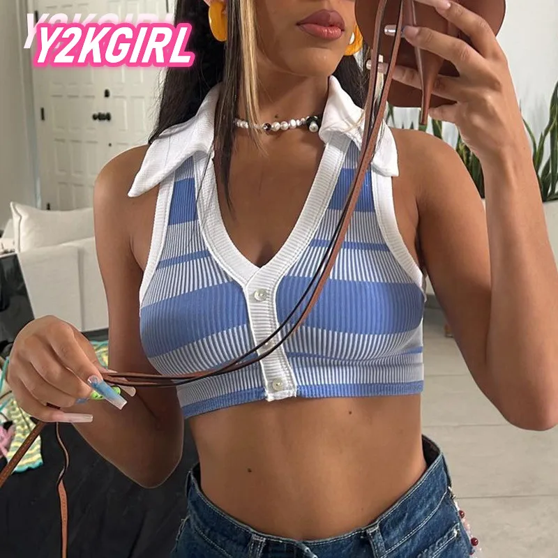 

Укороченные топы Y2KGIRL в полоску в стиле пэчворк, футболка без рукавов с глубоким вырезом, спортивный пуловер в английском ретро-стиле, летня...