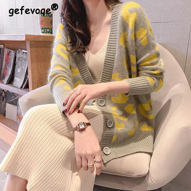 

Spring Autumn Fashion Leopard Single Breasted Knitted Cardigan Coat Women's Casual V Neck Long Sleeve Street Sweater Top Jumpers