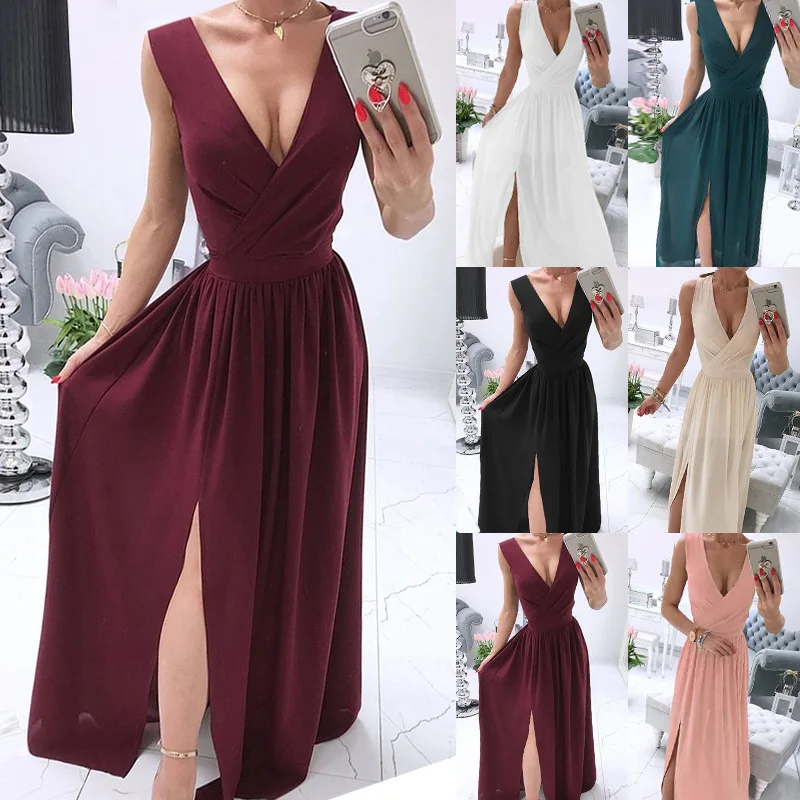 

Женское длинное вечернее платье макси в пол, однотонное праздничное официальное платье без рукавов, с V-образным вырезом и высокой талией, с ...