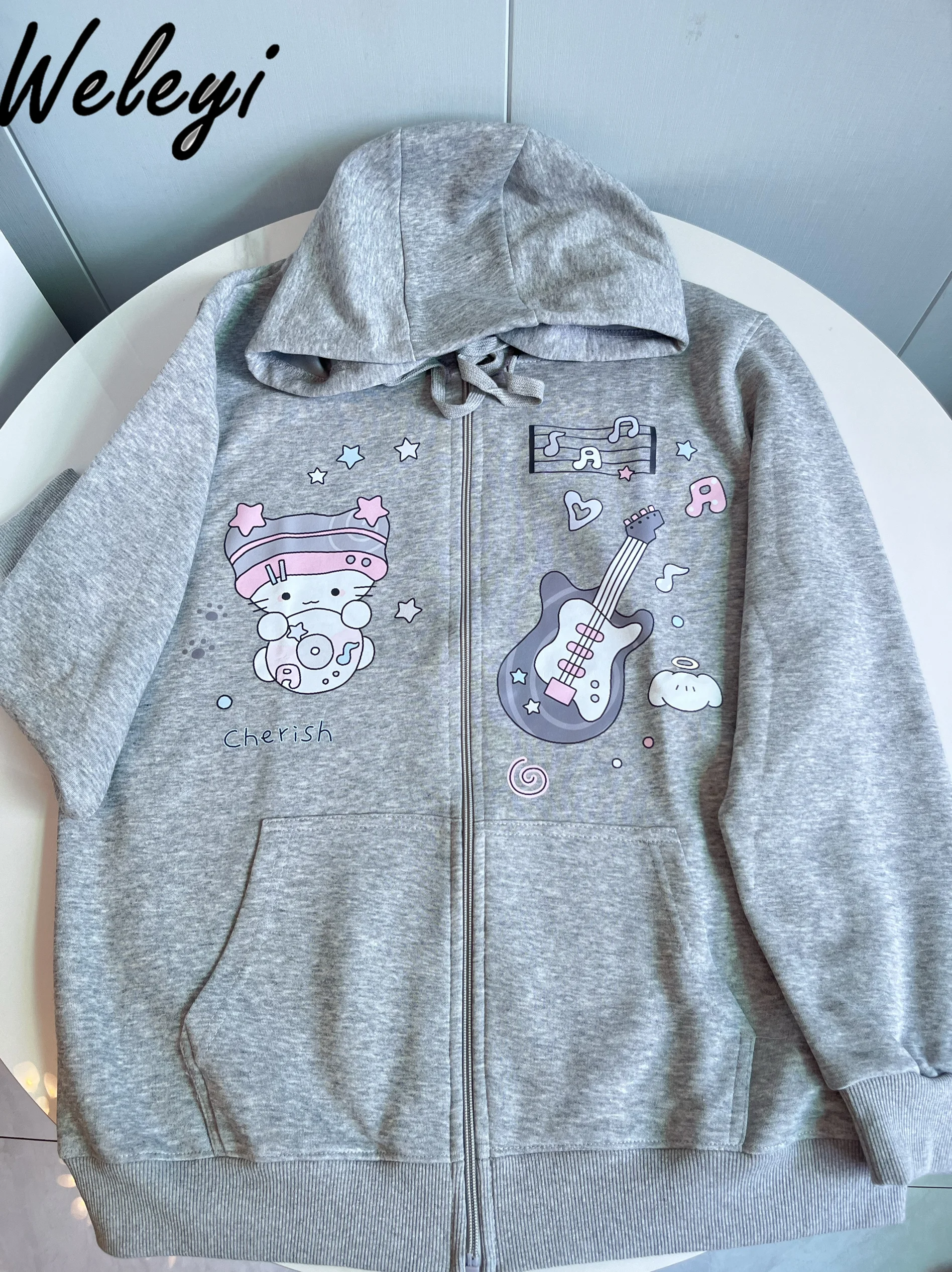 Серый кардиган с принтом Счастливый котенок в студенческом стиле женская