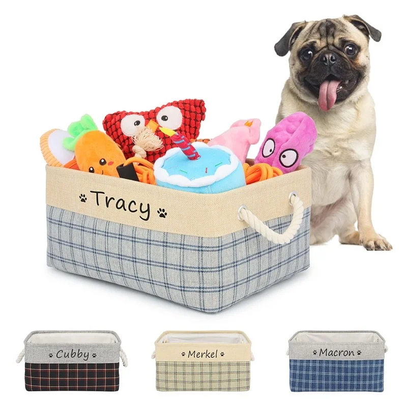 

Personalized Pet Dog Toy Basket Linen Customized Name Dog Toy Box Organizer Storage Bin for Leashes Collars Clothes Pet Supplies