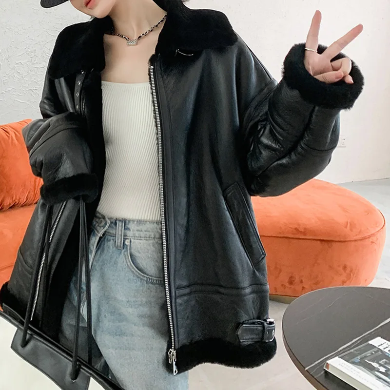 Women's Fashion Leather Jackets Winter Thick Warm Lamb Fur Lining Sheepskin Coat Motorcycle Full Sleeve MH3889L