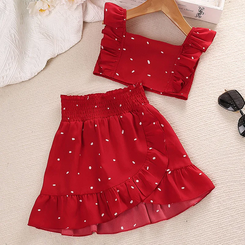 

2023 New Summer Child Clothes Sets Sleeveless Ruffles Dot Red Cute 2 Piece Sets Designer Boys Clothes Sets 4-7T