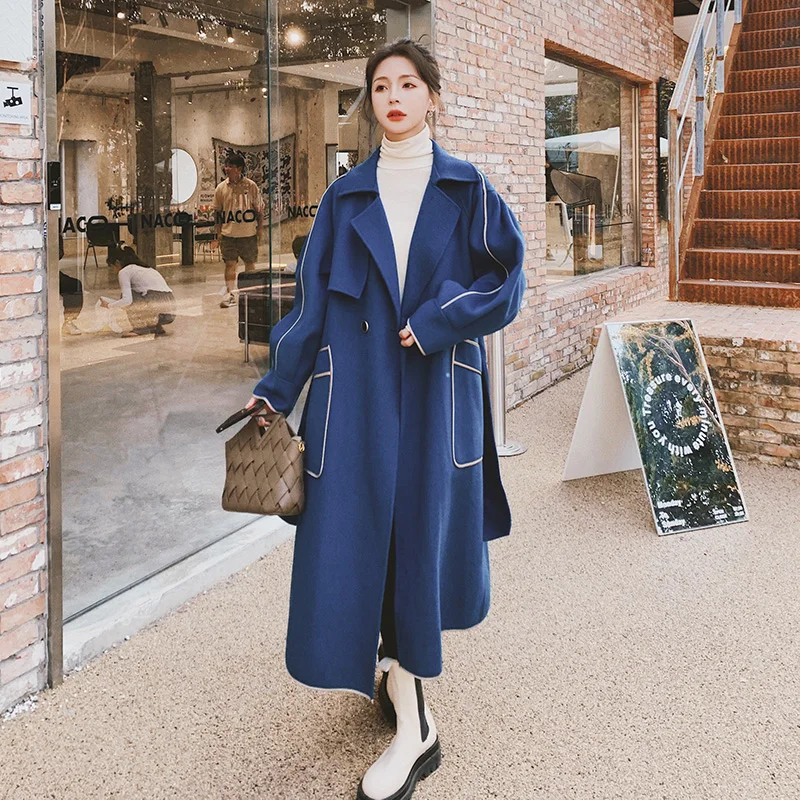 

Women's Woolen Jacket Long Section Winter Blue Korean Lace-up Waist Lapel Fashion Jacket Large Pockets High-quality Ladies Cloak