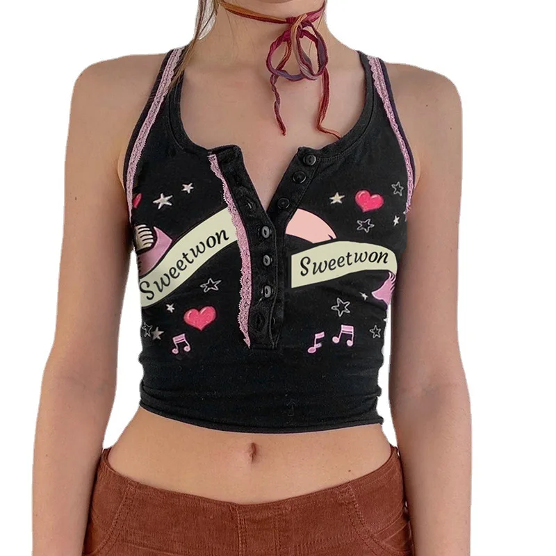 

2023 Women's Clothes Printed Button V-neck Slim Digging Shoulder Knitted Vest Women Summer New Style Europe America Sexy Top
