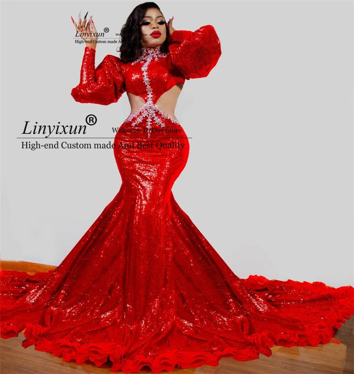 

Charming Red Sequins Mermaid Prom Dresses Long Puffy Sleeves Fromal Evening Party Gowns Court Train Aso Ebi robes de soirée