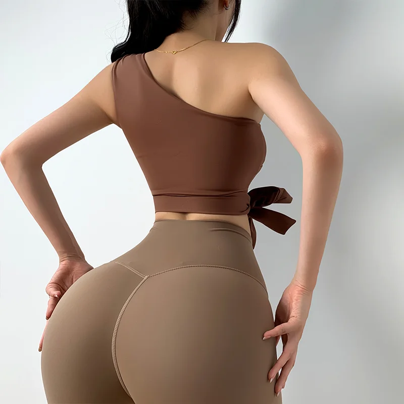 MITAOGIRL Sexy Irregular Diagonal Shoulder with Chest Pad Sports Vest for Women Beautiful Back Fitness Running Tops Yoga Vest