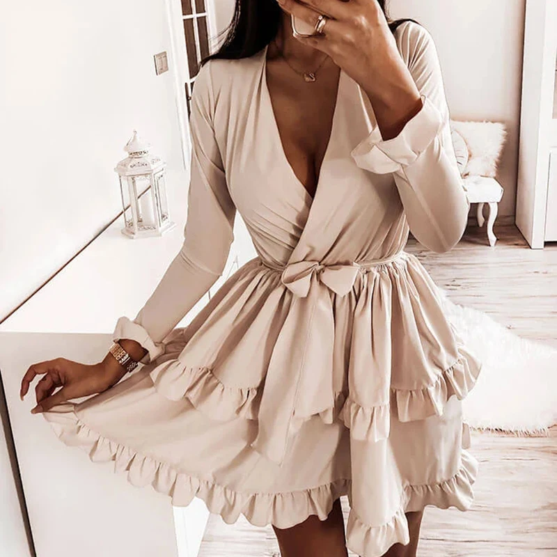 

Fashion New Arrived Flared Sleeves Ruffles V Neck Sexy Dress Women Winter Autumn Long Sleeve A-Line Mini Dresses Solid Sashes