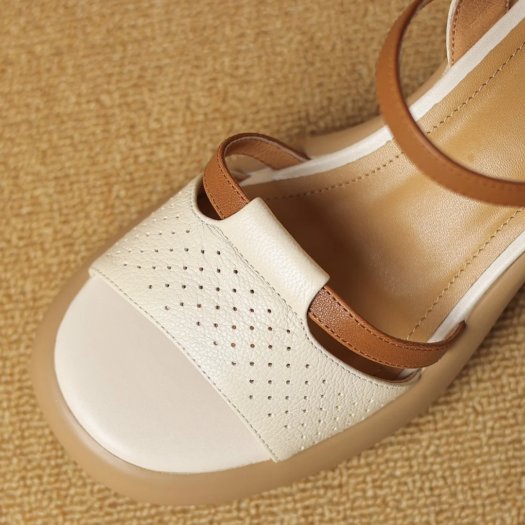 Сандалии женские из натуральной кожи лоскутные дышащие босоножки с ремешком на