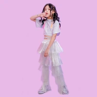 kid kpop hip hop clothing white lace up crop top t shirt streetwear fringed pants for girl jazz dance costume clothes set