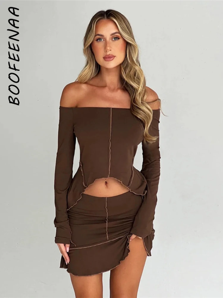 

BOOFEENAA 2 Piece Sets Contrast Stitch Off Shoulder Long Sleeve Top Mini Skirt 2000s Clothes Y2k Fall Outfits Wholesale C74-CG25