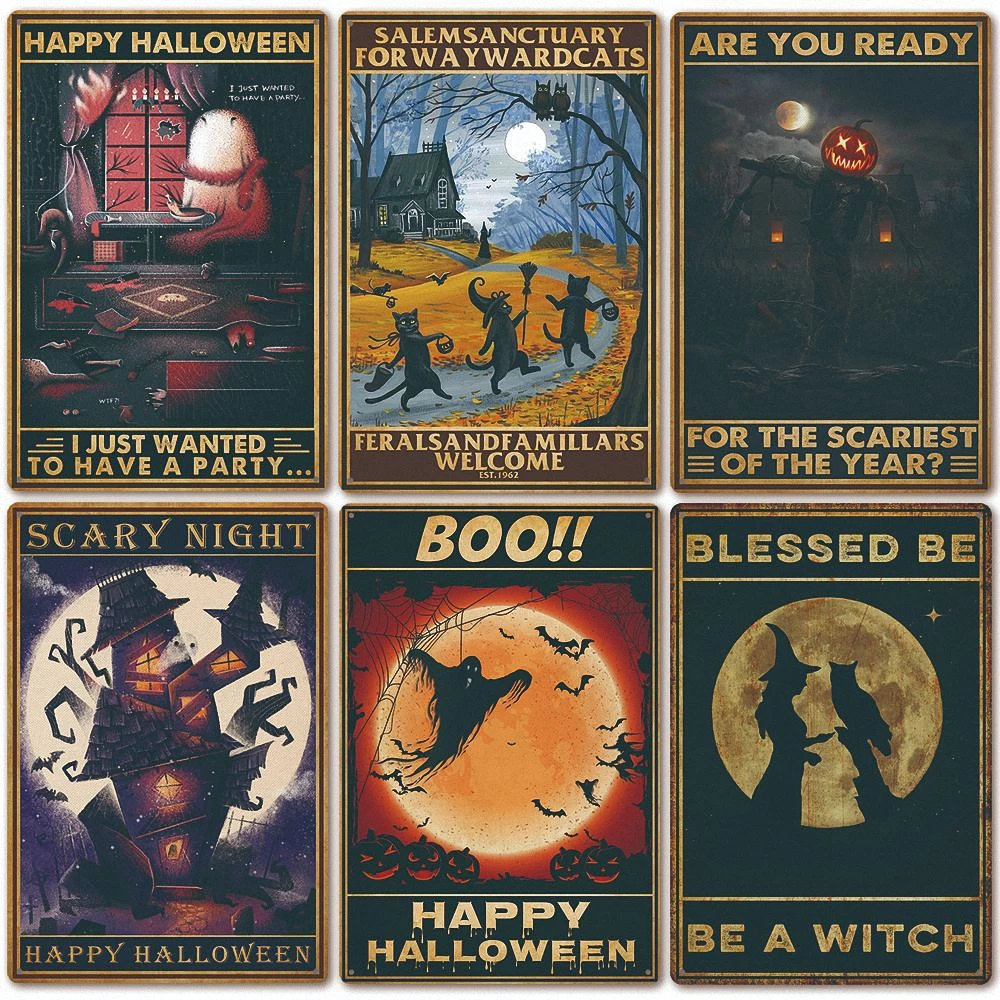 

Happy Halloween Poster Horror Death Art Metal Painting Tin Plaques & Signs Wall Art Mural Witch Kitchen Home Decor Wall Sticker