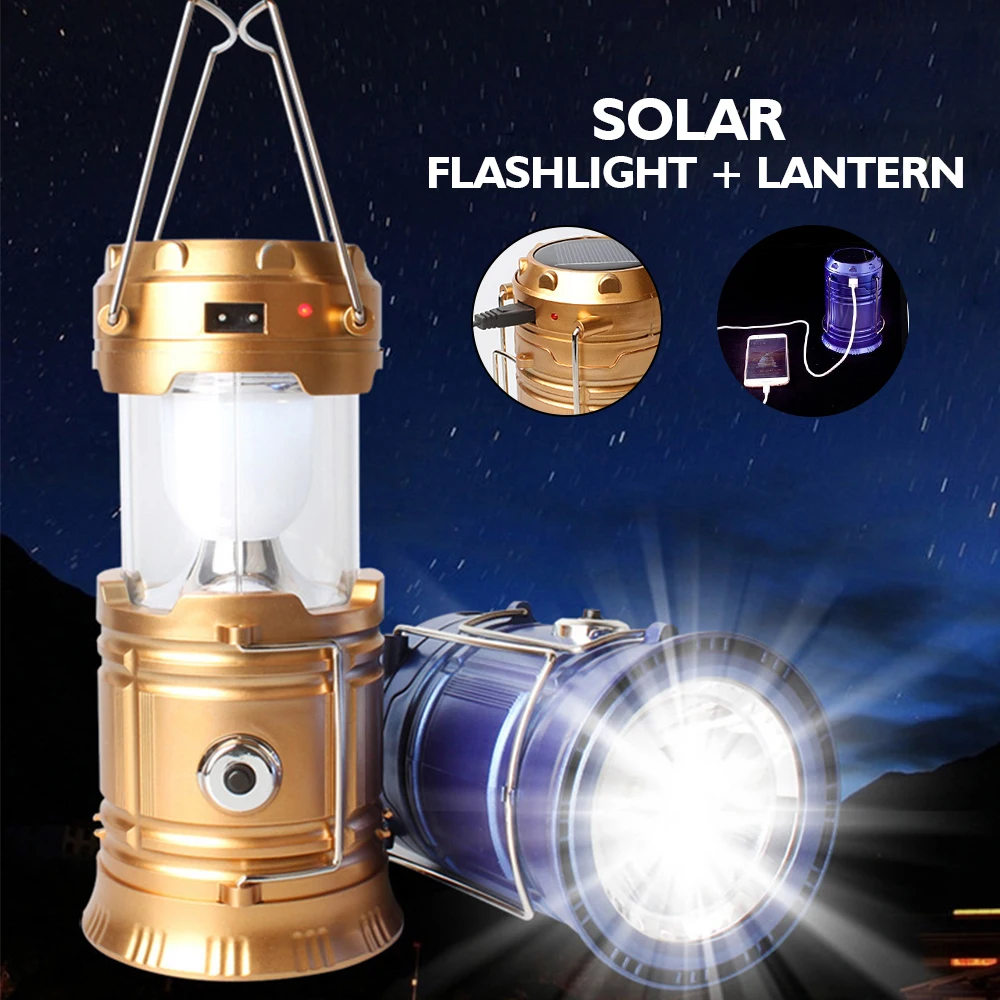 Camping Lamp USB Rechargeable Camping Light Outdoor Tent Light Lantern Solar Power Collapsible Lamp Flashlight Emergency Torch