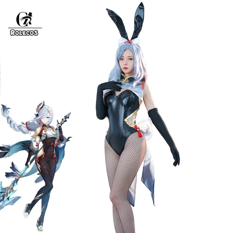

ROLECOS Shenhe Bunny Girl Costume Genshin Impact Sexy Black Leather Jumpsuit Shenhe Halloween Cosplay Bunny Suit