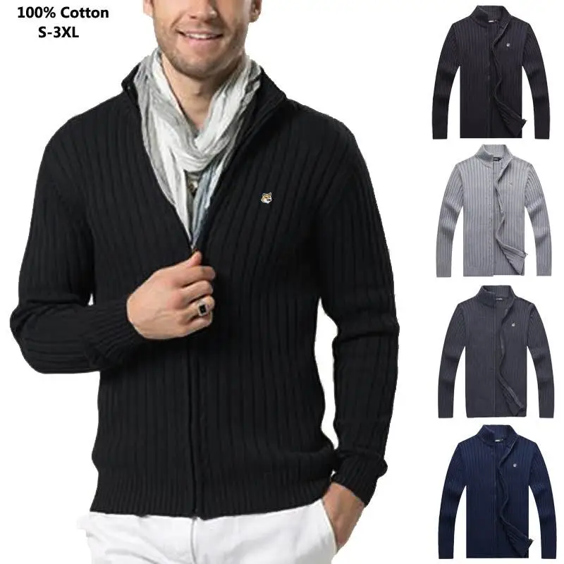 

Осенне-зимние хлопковые Брендовые мужские свитера с вышивкой и воротником-стойкой, верхняя одежда, плотный кардиган, повседневное вязаное ...