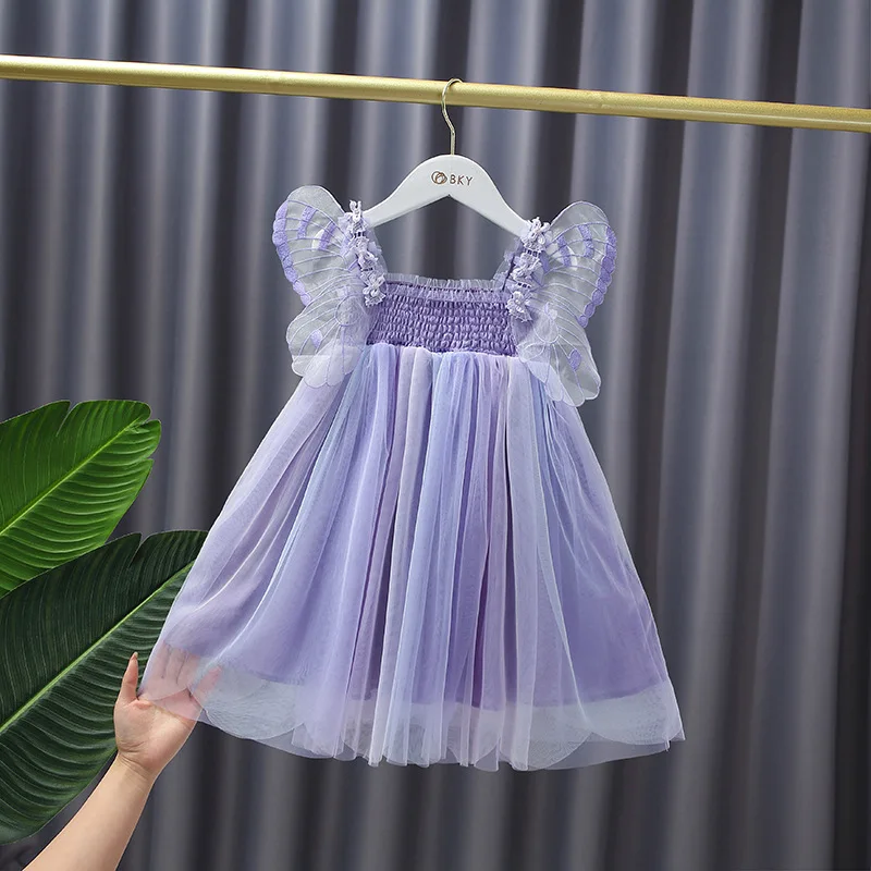 

2022 Summer New Embroidered Butterfly Sleeve Girls Princess Dress Butterfly Wings Color Mesh Dress Birthday Party Festival Dress