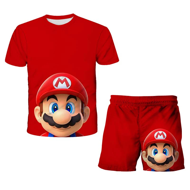 

2022New 4-12Y Boys Mario Tees Lovely Print Clothes Girls 3D Animation Costume Children Summer Clothing Kids O-Neck Tshirts Suit