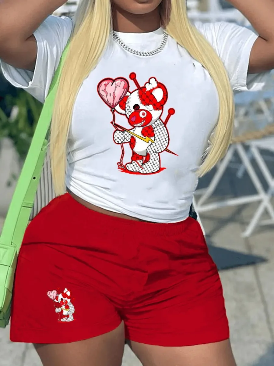

LW Plus Size Cartoon Shorts Set Summer Women Y2k Top Shorts Set Femme Short Sleeve Two Pieces Set Lady Daily Streetwear Outfits