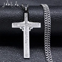 classic crystal shiny cross pendant necklace stainless steel silver color hip hop religious necklaces jewelry party gift n4855s0