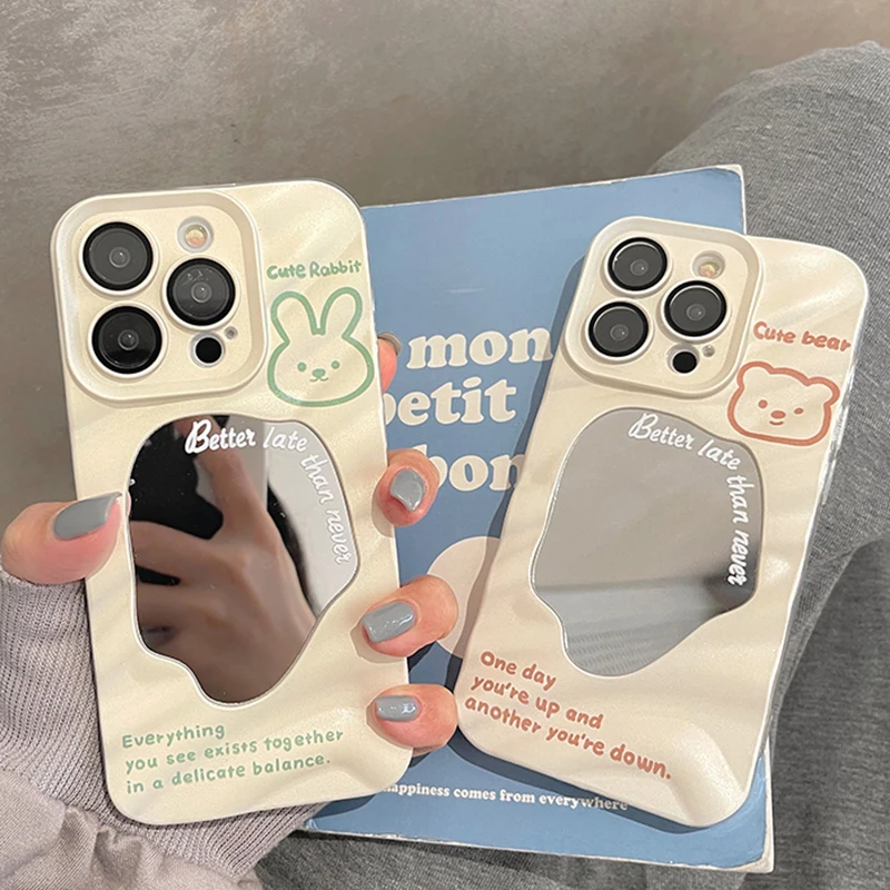 

Cute Cartoon Bear Rabbit Mirro 3D Wave Case For iPhone 13 14 11 12 Pro Max Camera Lens Film Protective Cover