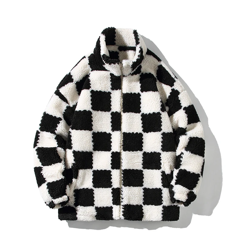 Checkerboard Grid Pattern Fleece Jackets for Men Winter Fashion Trends Padded Clothes Teenage Plus Size Streetwear Casual Coats