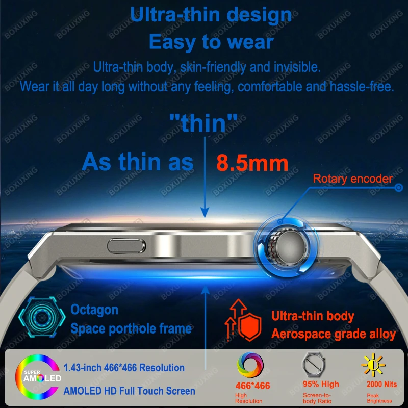 Фото Новые ультратонкие умные часы для мужчин HD AMOLED 150+Sport GPS Track Always Show Time Monitor здоровья BT Call IP68 Водонепроницаемые умные часы №3